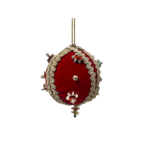 Handmade Other - VTG Push Pin Red & Cream Velvet Faux Pearl Beaded Christmas Ornament Fancy